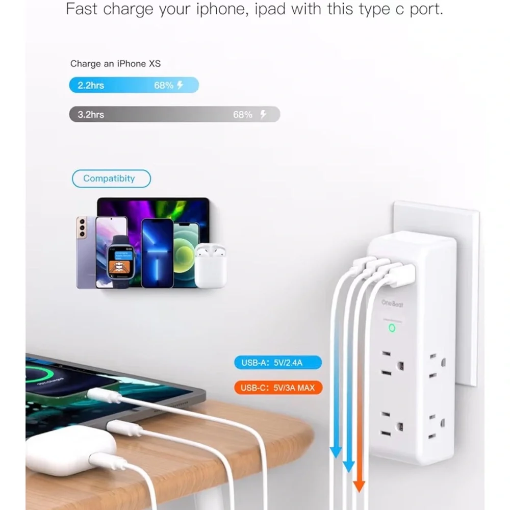Surge protector outlet Extender with rotating Plug, 6 Ac Multi plug